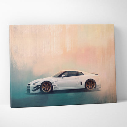 White Nissan GT-R sports car with gold alloy wheels stylized painting on canvas widebody supercar bedroom decor