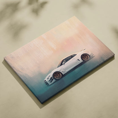 Nissan gt-r inspired canvas wall art featuring a white widebody supercar with copper wheels and gradient sky background
