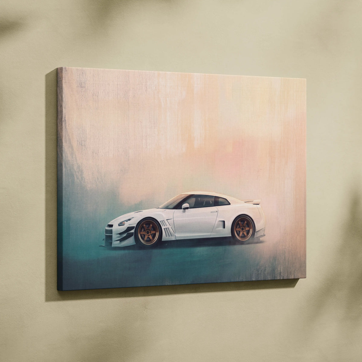 White nissan GT-R widebody supercar canvas print with bronze wheels on gradient background for bedroom decor