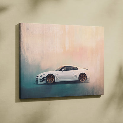White nissan GT-R widebody supercar canvas print with bronze wheels on gradient background for bedroom decor