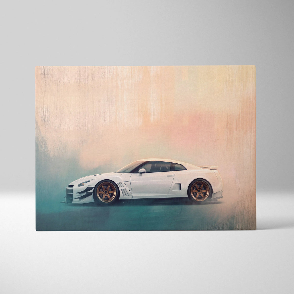 White nissan gt-r sports car with bronze alloy wheels stylized on canvas wall art for bedroom decor