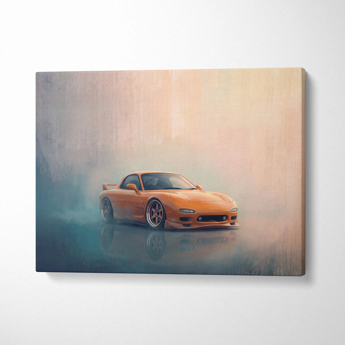 Orange mazda rx-7 sports car canvas print featuring japanese sports car wall decor for living room display