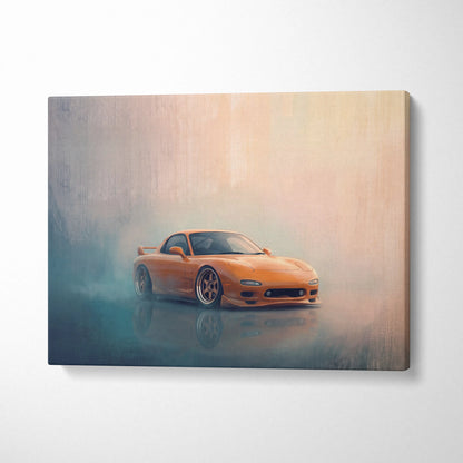 Orange mazda rx-7 sports car canvas print featuring japanese sports car wall decor for living room display