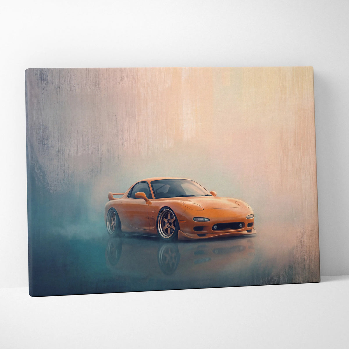 Orange mazda RX-7 sports car canvas print featuring Japanese sports car wall decor for living room display