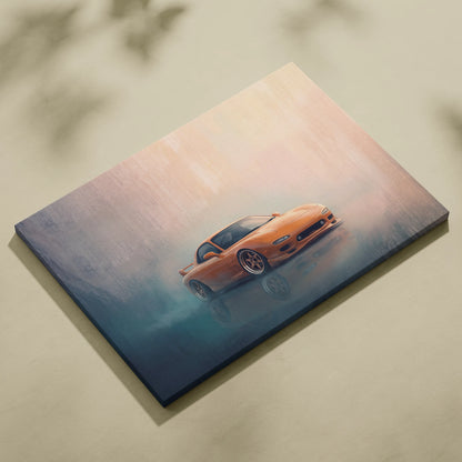 Orange sports car canvas print featuring drifting mazda rx-7 with misty gradient background wall decor for living room