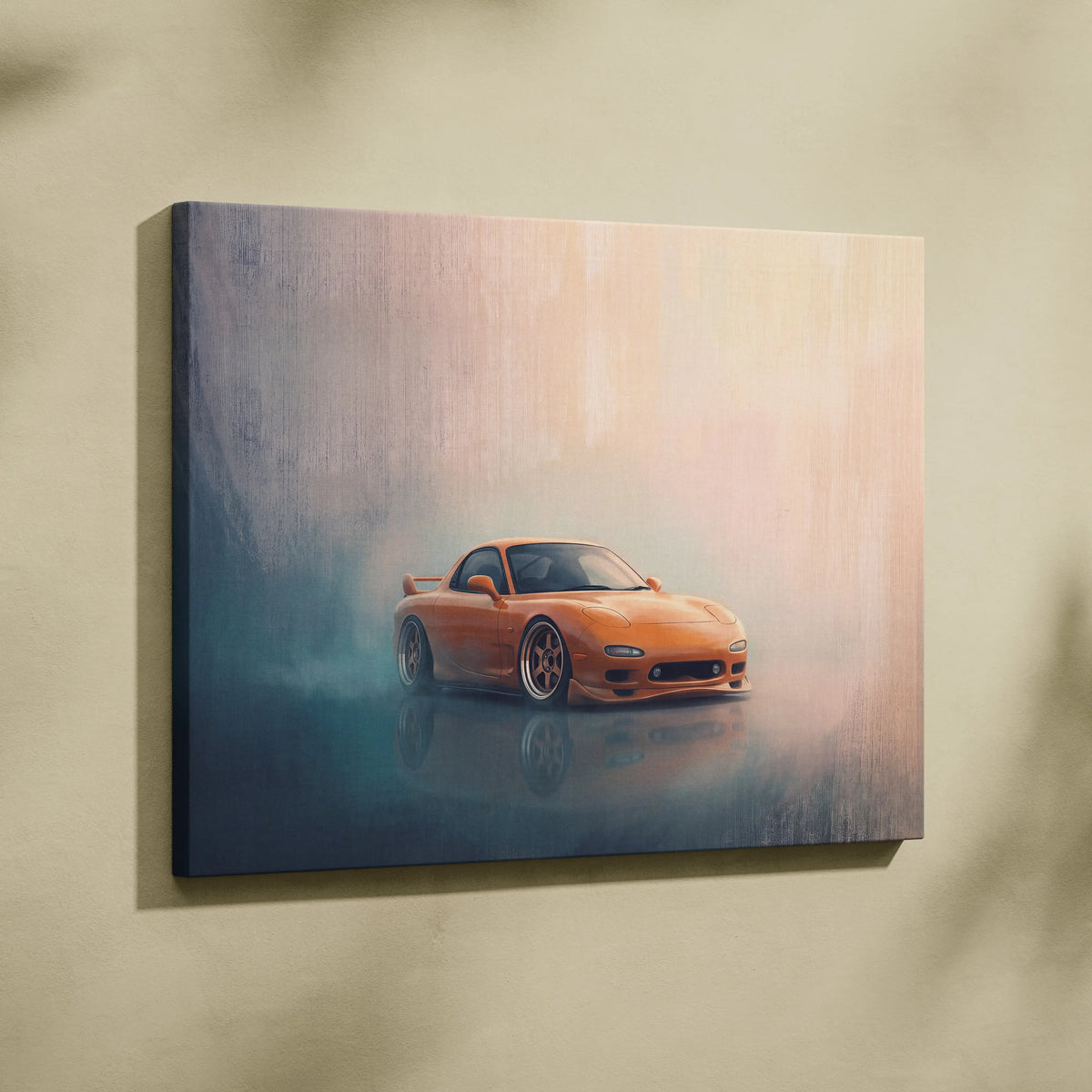 Orange mazda rx-7 sports car canvas print featuring japanese sports car wall decor for living room display