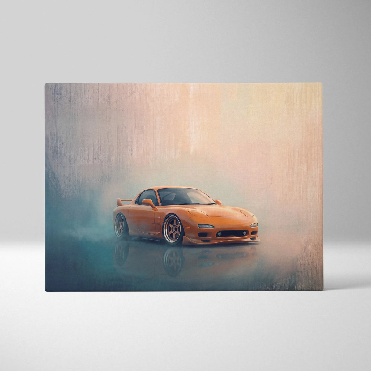 Orange mazda rx-7 sports car stylized smoky canvas art japanese sports car wall decor for living room