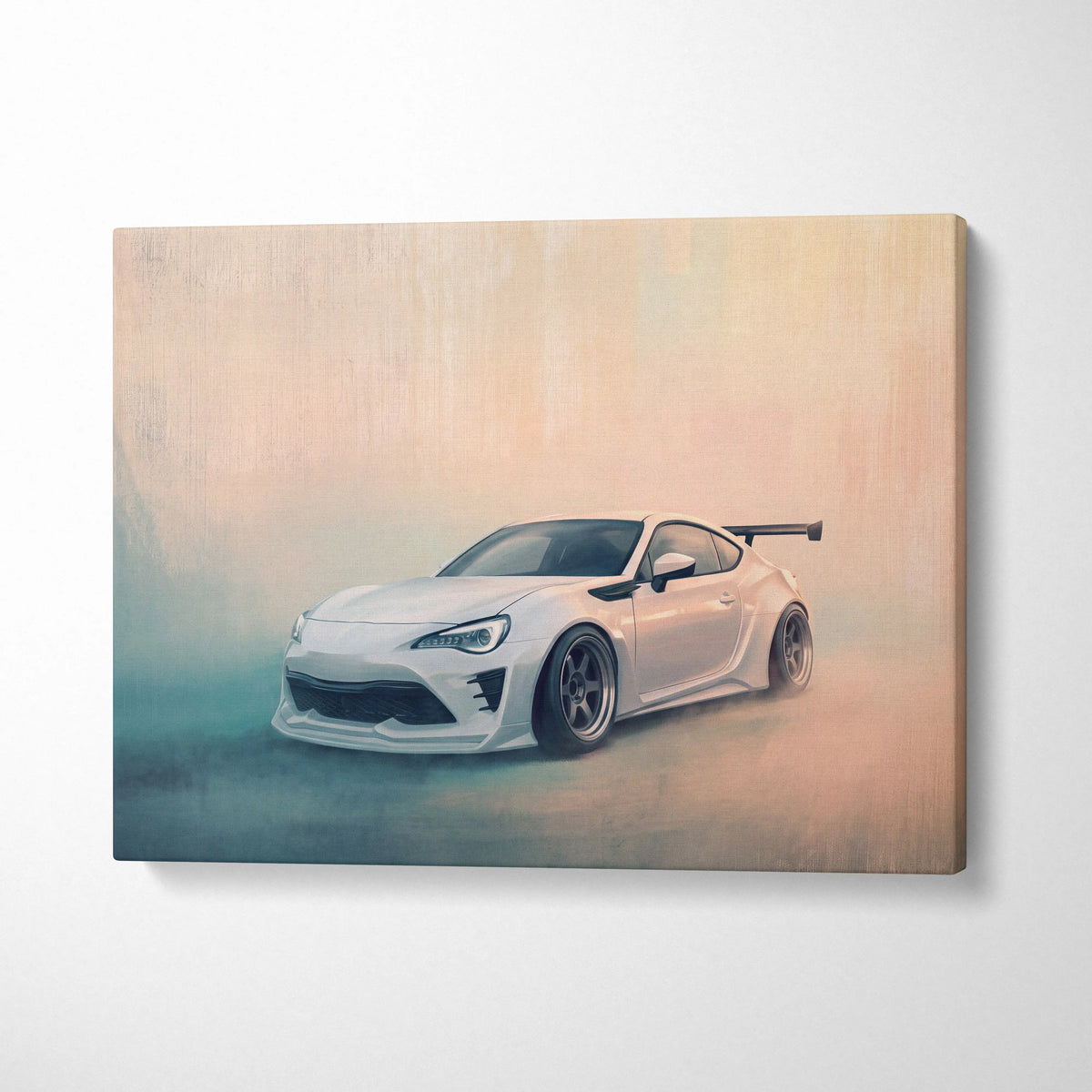 White sports car canvas print featuring a sleek toyota 86 inspired coupe with black accents for garage decor