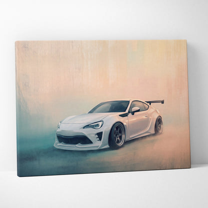 White painted canvas with a stylized black accented toyota 86 sports car illustration for garage decor