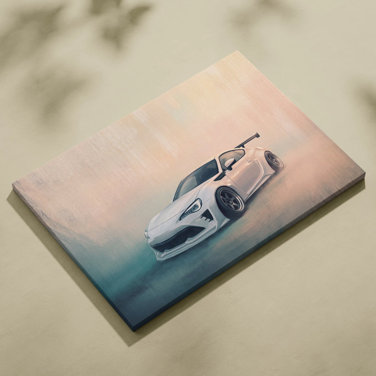 White Toyota 86 inspired sports coupe canvas print with sleek black accents and rear spoiler for garage decor
