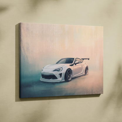 White sports car canvas print featuring a sleek toyota 86 inspired coupe with black accents and rear spoiler for garage decor