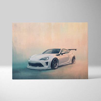 White modified Toyota 86 inspired sports coupe wall art with rear spoiler and custom wheels for garage decor