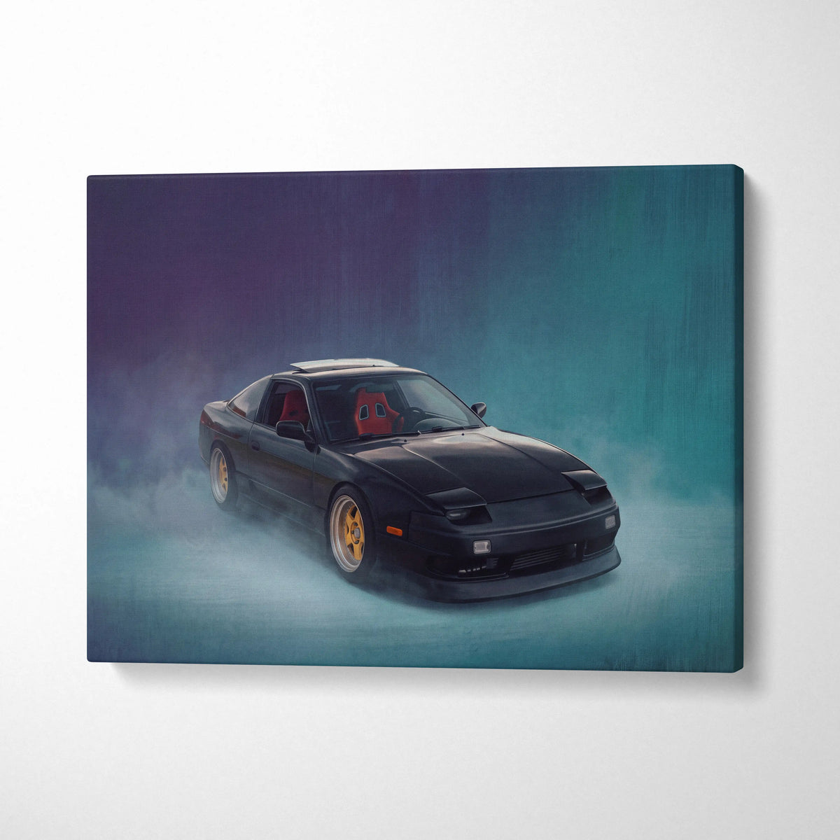 Nissan 240sx inspired automotive wall art canvas print featuring black 1990s s14 sports car with red interior and gold rims