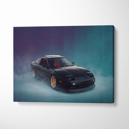 Nissan 240sx inspired automotive wall art canvas print featuring black 1990s s14 sports car with red interior and gold rims