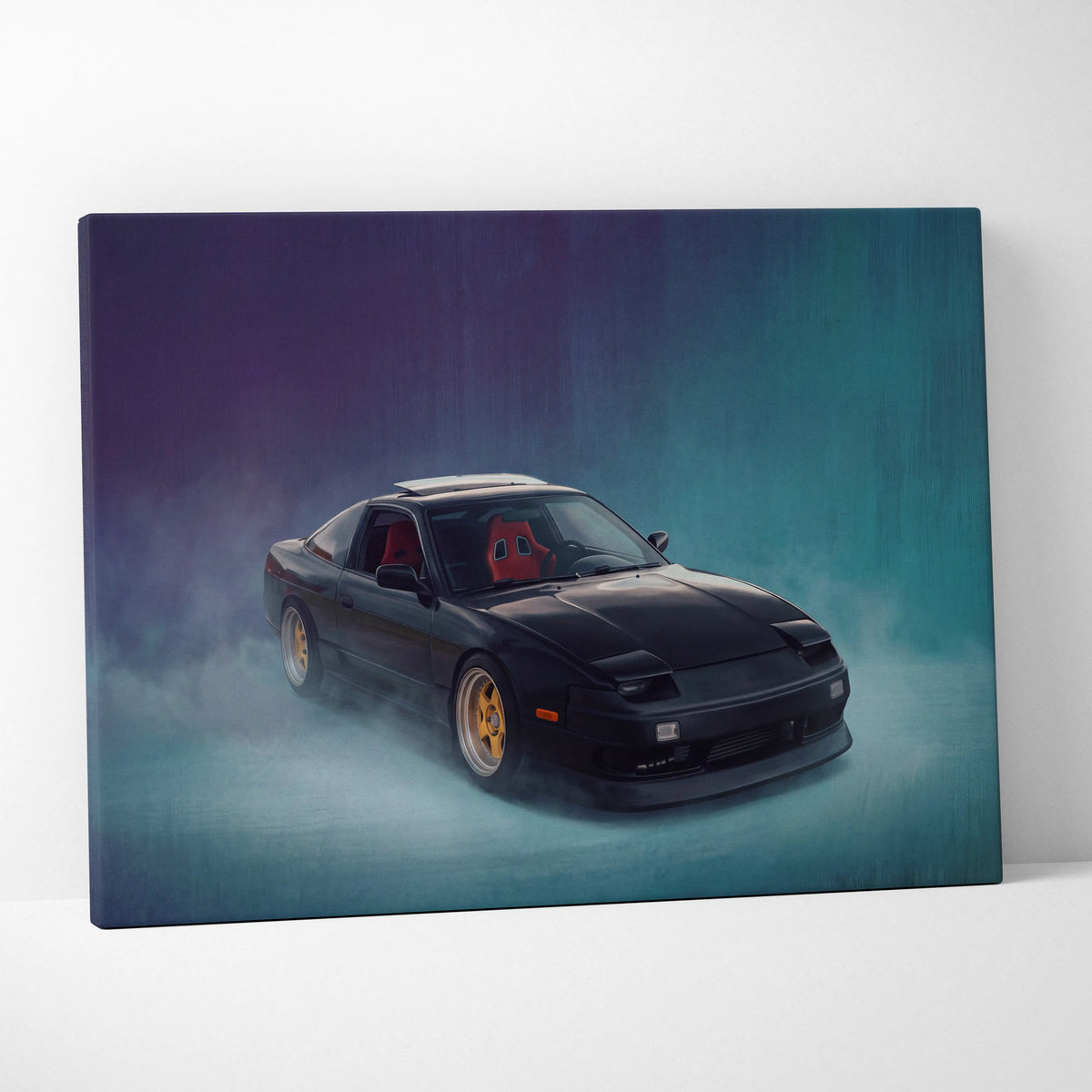 Black nissan 180sx sports car with gold rims and red racing seats on smoky canvas for jdm drift tuner wall art