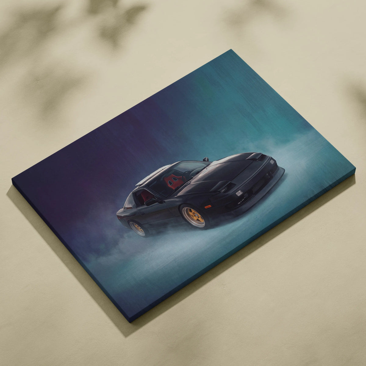 Nissan 240SX inspired automotive wall art canvas print featuring a black Nissan 180SX drift car with gold rims and red interior