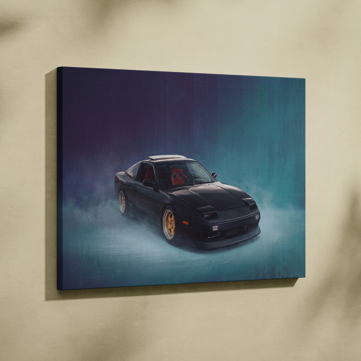 Black nissan 180sx canvas print with gold-rimmed wheels and red interior on smoky teal and purple gradient background