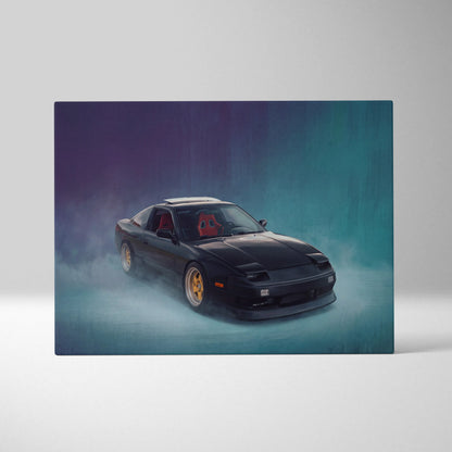 Nissan 240sx inspired automotive wall art featuring a black nissan 180sx with gold rims and red interior in stylized artwork