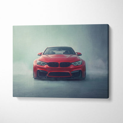 Red bmw m4 coupe inspired canvas print featuring a vibrant sports car in a misty atmospheric design for garage wall art
