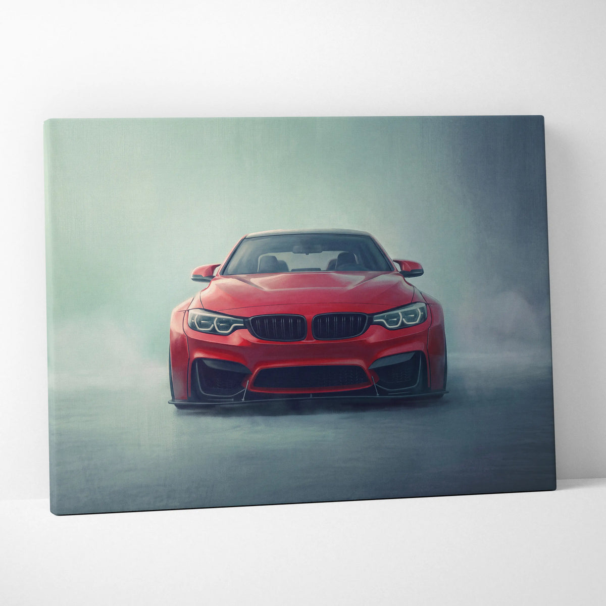 Red BMW M4 coupe inspired canvas print with glossy finish and aggressive front grille design for garage wall art