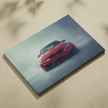 Red bmw m4 convertible canvas print featuring a dynamic low-angle view against a misty gray backdrop for garage wall art