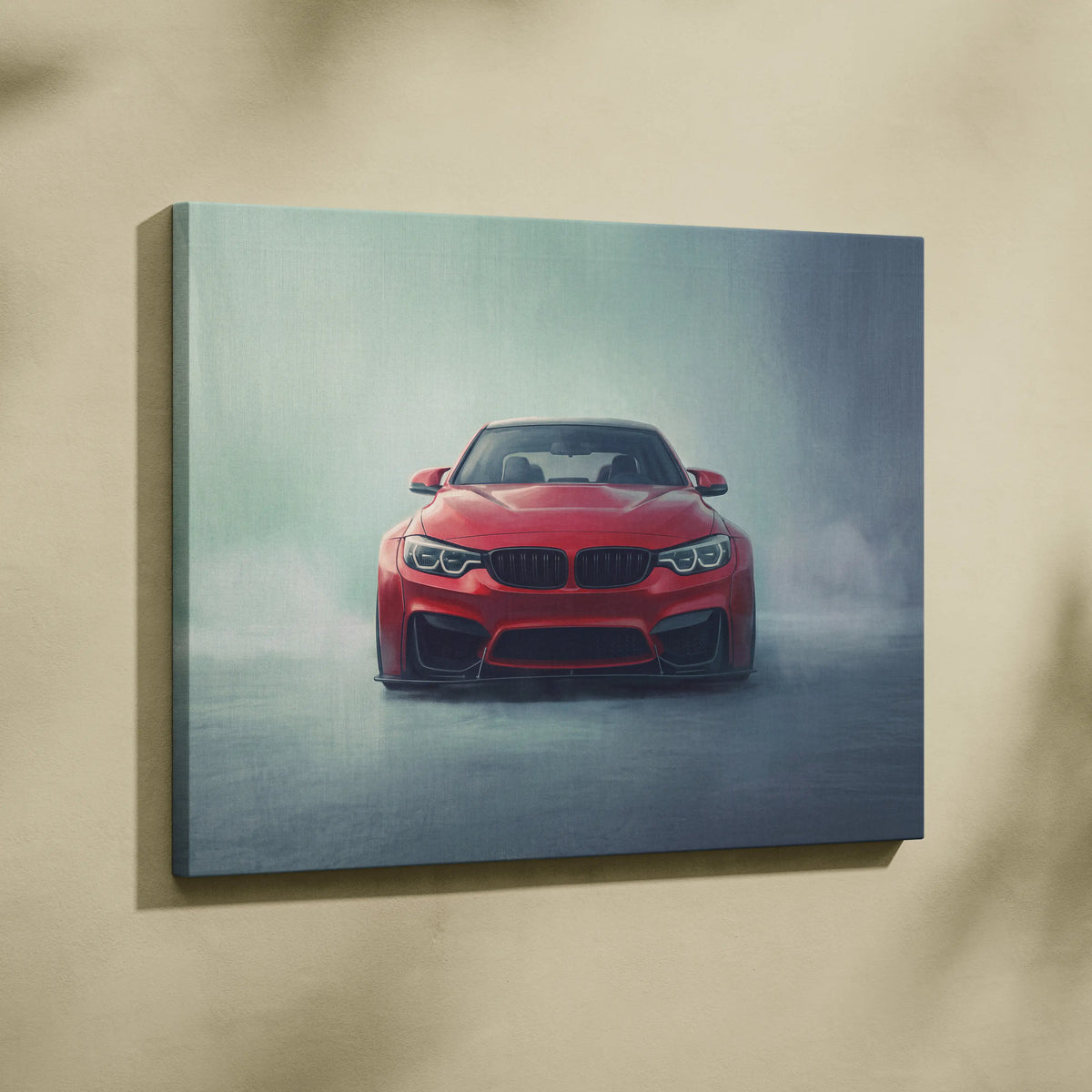 Red bmw m3 sports car canvas print with glossy finish and aggressive front grille design for garage wall art