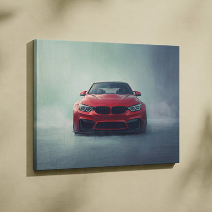 Red bmw m3 sports car canvas print with glossy finish and aggressive front grille design for garage wall art