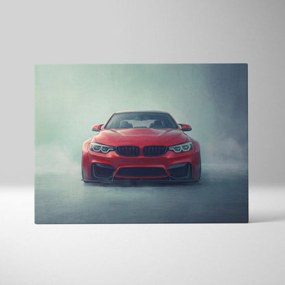 Red BMW M4 coupe canvas print featuring a sleek aerodynamic design perfect for garage wall art and car enthusiasts