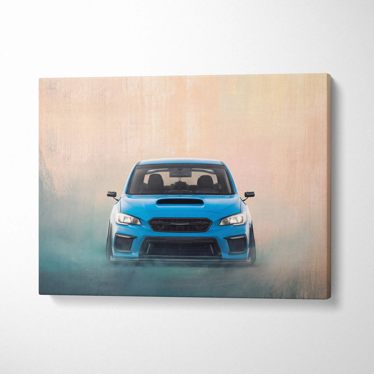 Vibrant blue subaru wrx sti sports car on smoky wooden canvas rally tuner wall art for living room decor