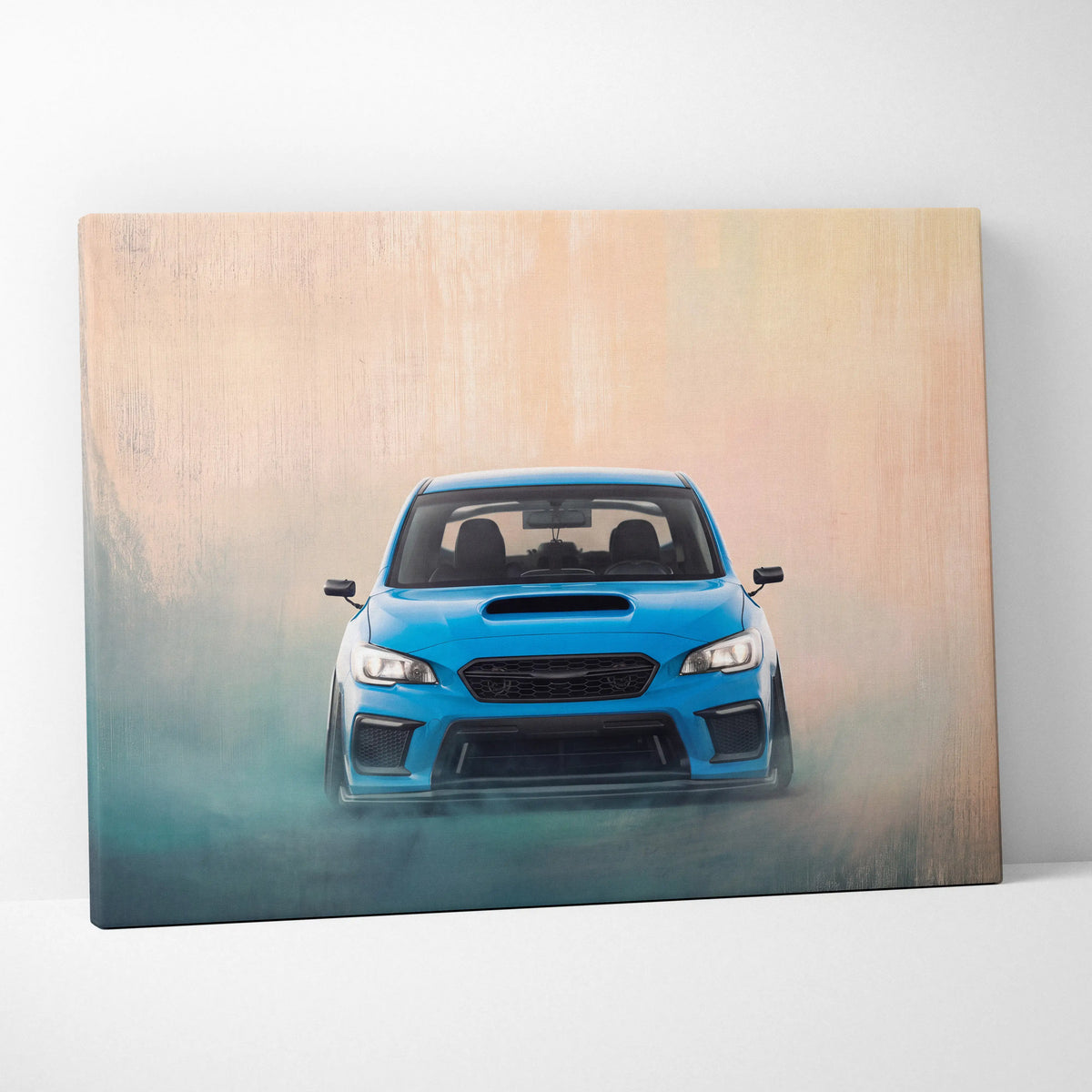 Subaru wrx sti blue rally tuner canvas print featuring front view of car emerging from mist for living room wall art