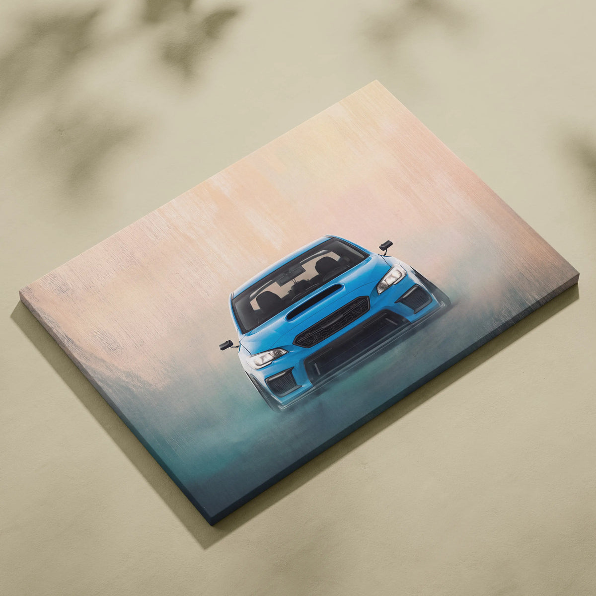 Blue Subaru WRX STI inspired rally tuner canvas print featuring a drifting car for living room wall art