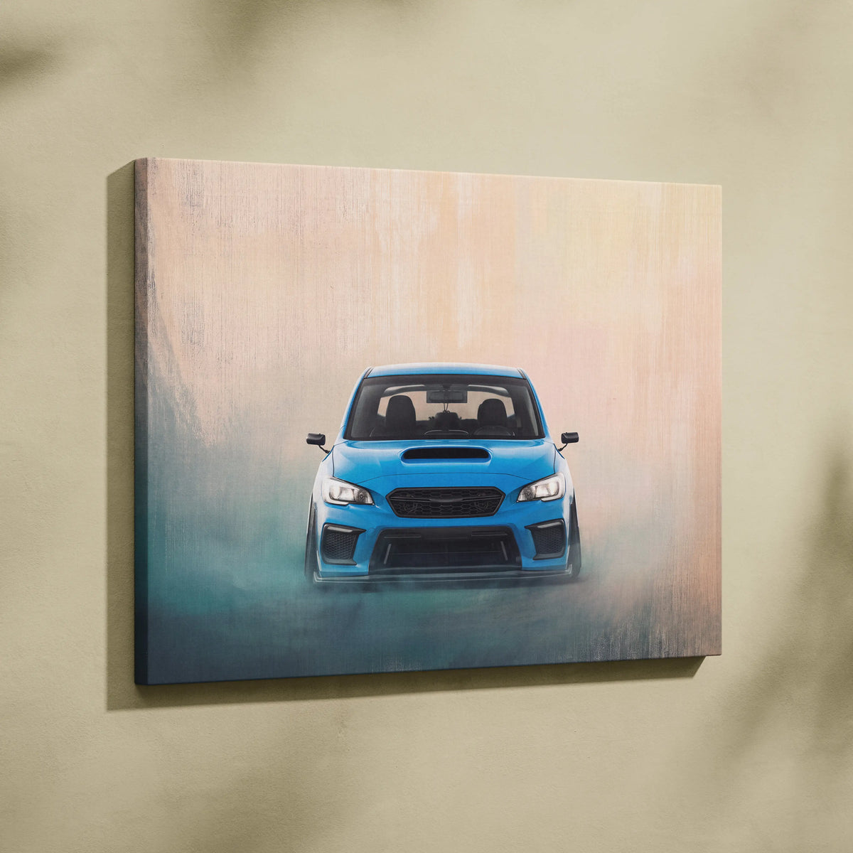 Blue Subaru WRX STI sports car canvas print featuring rally tuner design for living room wall art decoration