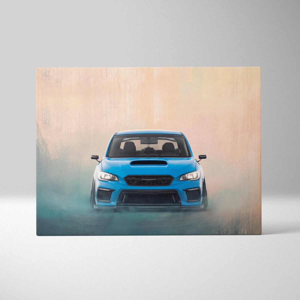 Subaru wrx sti inspired automotive wall art featuring a vibrant blue sports car in a smoky studio rally tuner canvas print