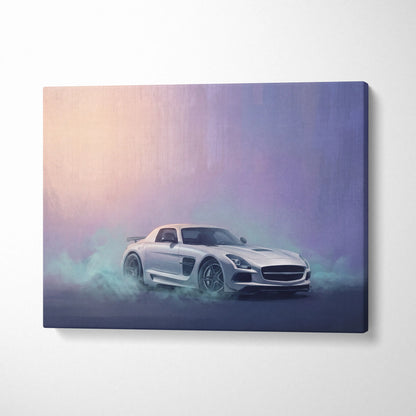 White mercedes-benz sls amg canvas print featuring a sleek sports car emerging from mist for office wall art