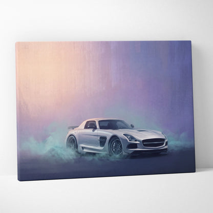 Silver mercedes benz sls amg sports car stylized painting on canvas automotive wall art for office display