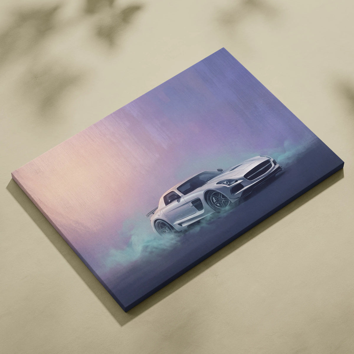 A sleek white mercedes-benz sls amg sports car on a smoky gradient canvas in automotive wall art for office display