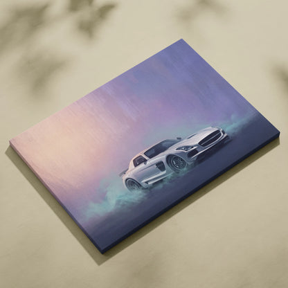 A sleek white mercedes-benz sls amg sports car on a smoky gradient canvas in automotive wall art for office display