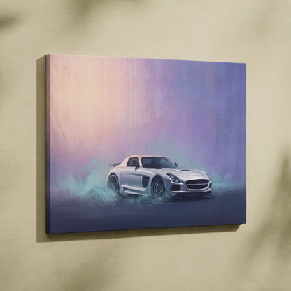 Silver mercedes benz sls amg sports car canvas painting with misty purple and pink background for office display