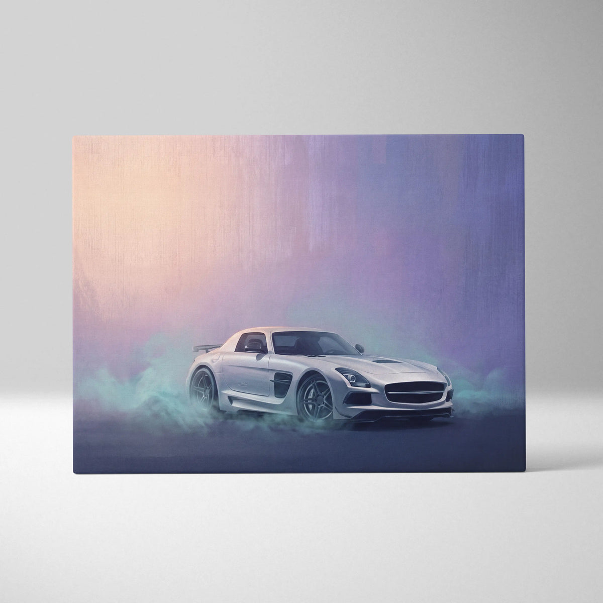 Silver mercedes benz sls amg sports car in smoky stylized artwork with gradient purple and peach background wall art