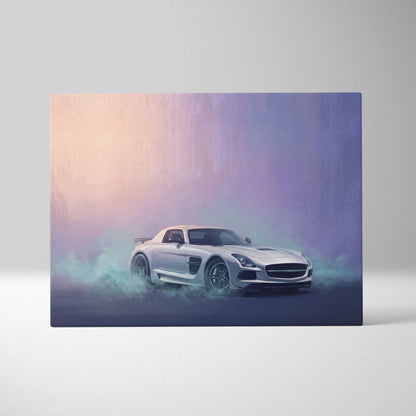 Silver mercedes benz sls amg sports car in smoky stylized artwork with gradient purple and peach background wall art