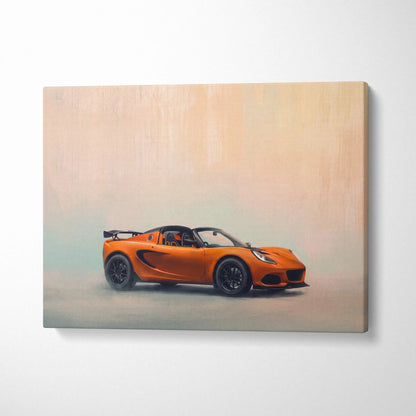 Vibrant orange lotus elise sports car on sleek minimalist canvas art print for luxury sports car wall decor