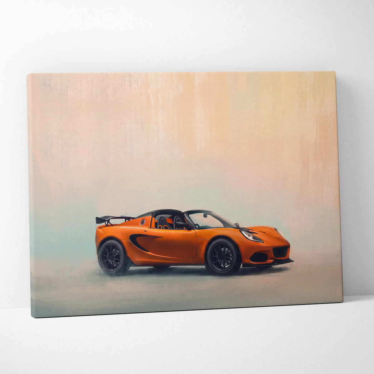 Vibrant orange lotus exige sports car side-profile painting on canvas luxury sports car wall decor print