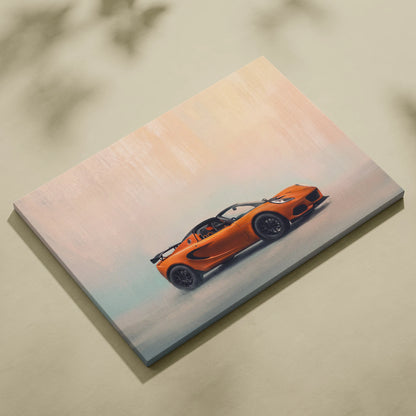 Orange sports car canvas print featuring a sleek lotus exige inspired convertible with black wheels and racing stripes