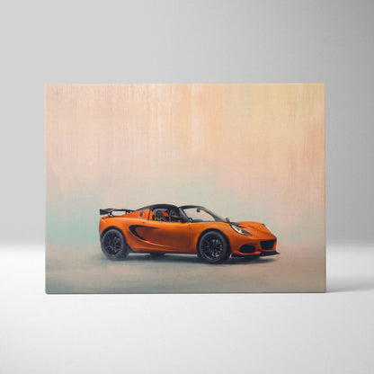 Vibrant orange lotus elise sports car in a sleek minimalist style on canvas art luxury sports car wall decor print