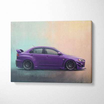 Mitsubishi lancer evolution inspired automotive wall art featuring purple matte finish jdm sedan side-profile canvas print