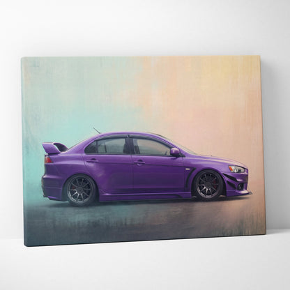 Purple matte-finish canvas print of a modified Mitsubishi Lancer Evolution for automotive wall art in living room
