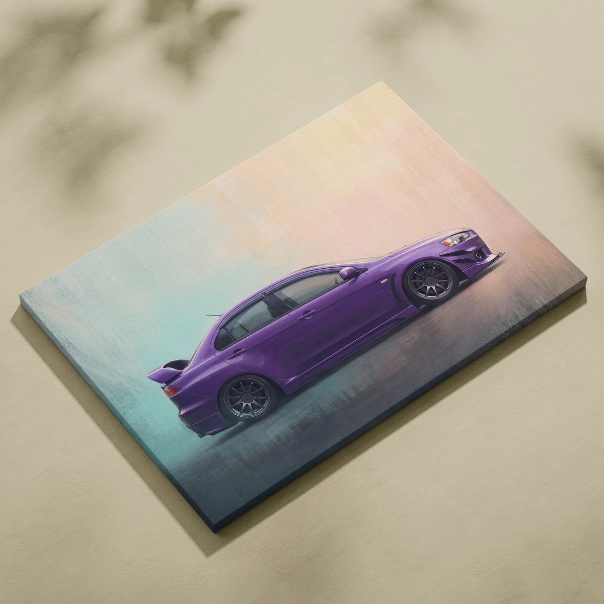 Vibrant purple mitsubishi lancer evolution inspired sports car side-profile painting on stretched canvas wall art