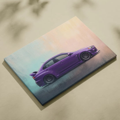 Vibrant purple mitsubishi lancer evolution inspired sports car side-profile painting on stretched canvas wall art