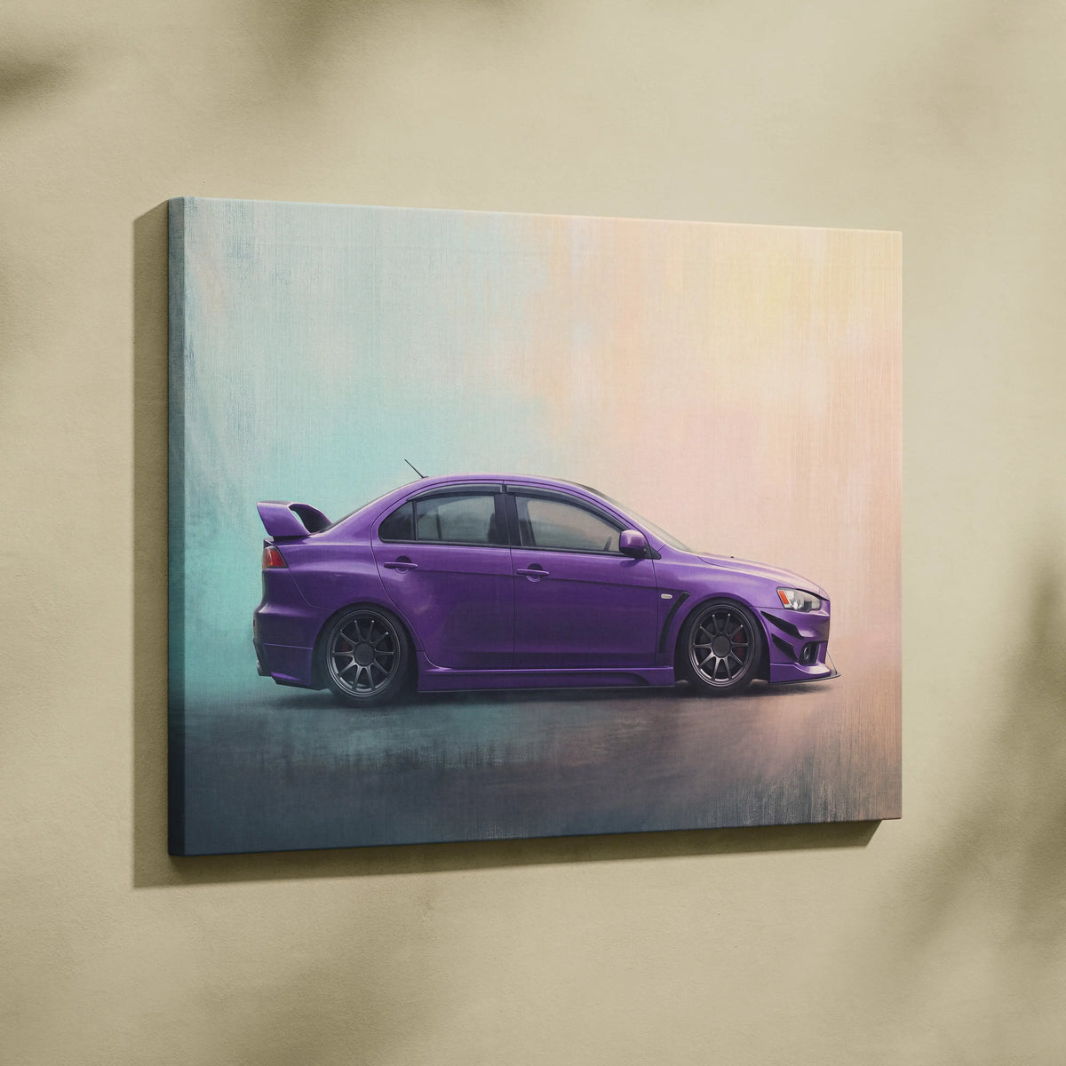 Purple matte-finish canvas print of a modified mitsubishi lancer evolution sedan with black rims and rear spoiler for wall art