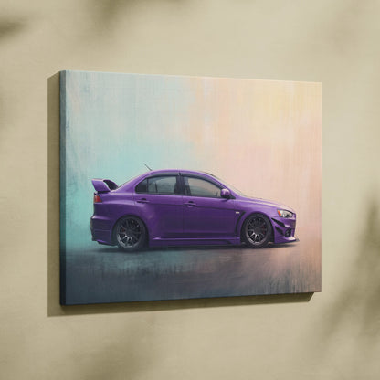 Purple matte-finish canvas print of a modified mitsubishi lancer evolution sedan with black rims and rear spoiler for wall art
